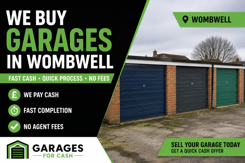 Cash for Garages featured image showing garage units in West Yorkshire with message Sell Garage Wombwell Fast for Cash